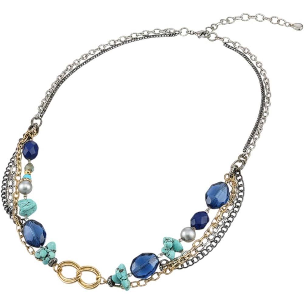 Mixed Metal Multi Strand Beaded Long‎ Statement Necklace Blue Turquoise Silver